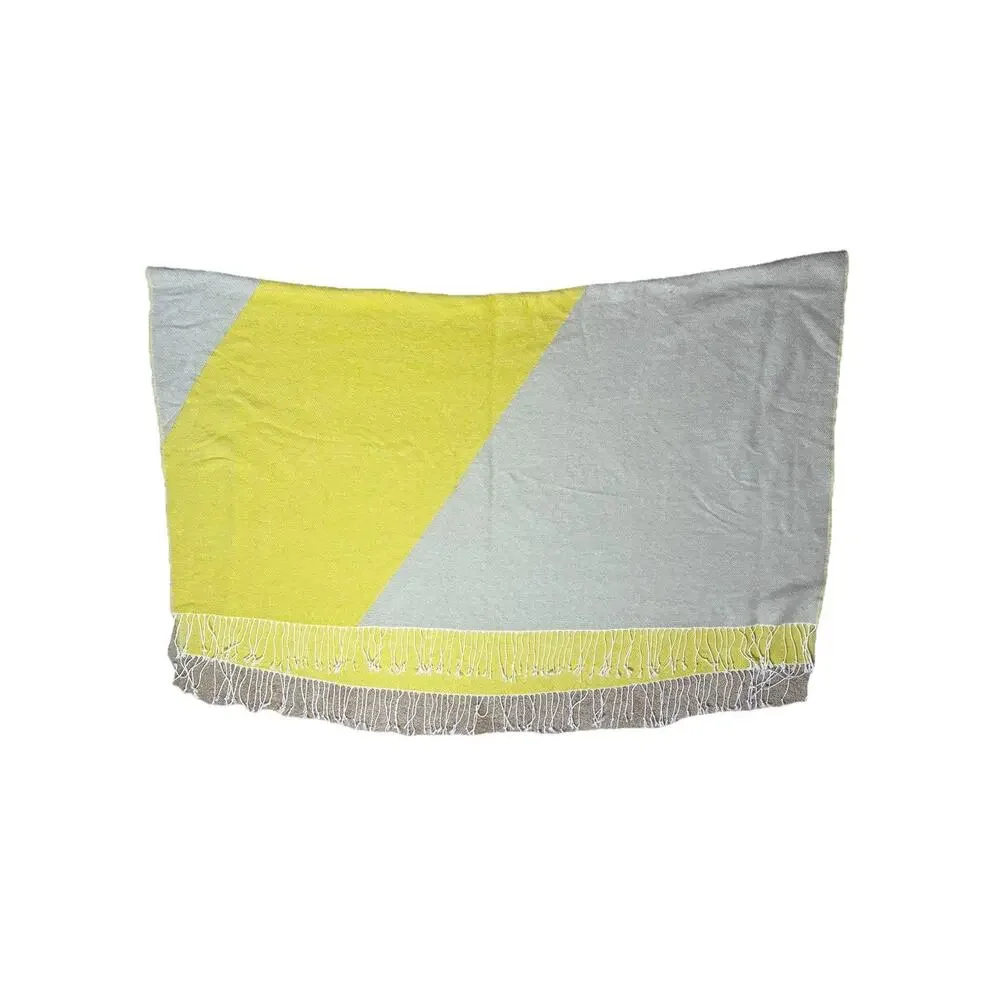West Elm 'Nice' Throw Blanket Accent Quilt Gray Green-Yellow Fringe Slogan Soft